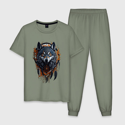 Мужская пижама Волк и ловец снов / Авокадо – фото 1