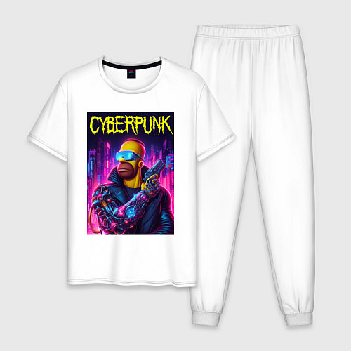 Мужская пижама Кибер Гомер с пистолетом - нейросеть / Белый – фото 1