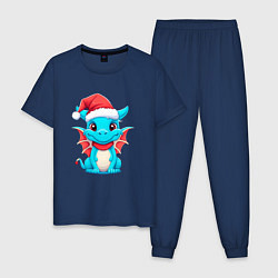 Пижама хлопковая мужская Дружелюбный дракон зимних чудес, цвет: тёмно-синий
