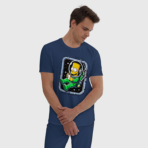 Мужская пижама Барт Симпсон с сэндвичем в космосе - нейросеть / Тёмно-синий – фото 3
