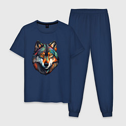 Пижама хлопковая мужская Цветной портрет волка, цвет: тёмно-синий