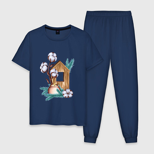 Мужская пижама Деревянный домик со свечой, хлопком и еловыми ветк / Тёмно-синий – фото 1