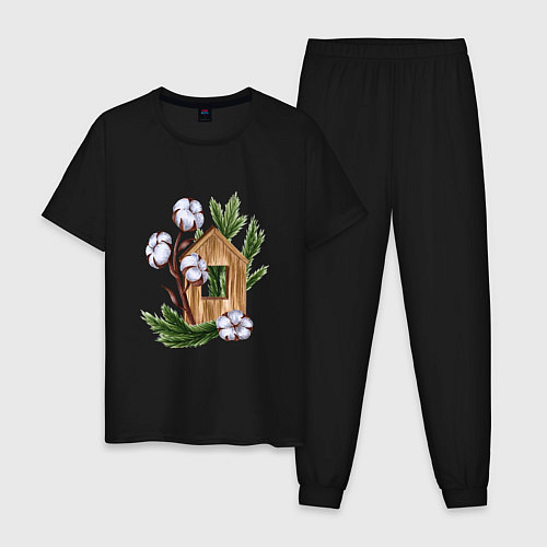 Мужская пижама Деревянный домик с хлопком и еловыми ветками / Черный – фото 1