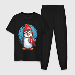 Пижама хлопковая мужская Пингвин с новогодним подарком, цвет: черный