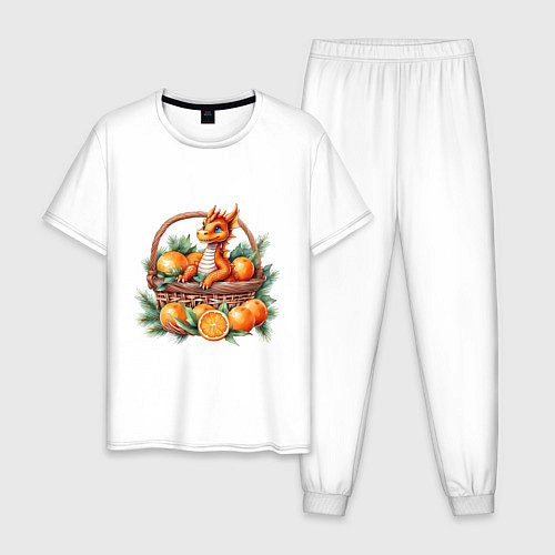 Мужская пижама Оранжевый дракон 2024 как мандарин в корзинке / Белый – фото 1
