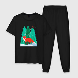 Пижама хлопковая мужская Лиса в лесу и птичка, цвет: черный
