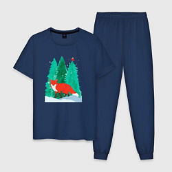 Пижама хлопковая мужская Лиса в лесу и птичка, цвет: тёмно-синий