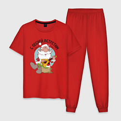 Пижама хлопковая мужская Дед Мороз с балалайкой, цвет: красный