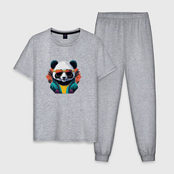 Пижама хлопковая мужская Стильная панда в очках, цвет: меланж