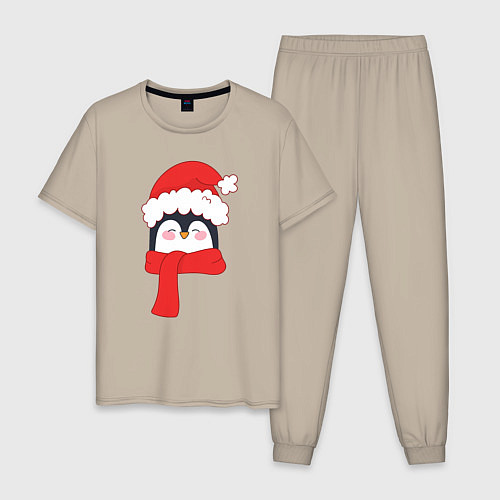 Мужская пижама Новогодний пингвин в шапке Деда Мороза / Миндальный – фото 1