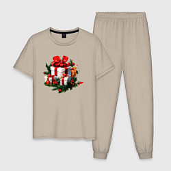 Пижама хлопковая мужская Рождественский подарок, цвет: миндальный