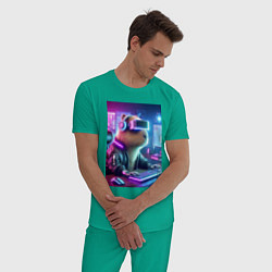 Пижама хлопковая мужская Капибара игроман - неоновое свечение, цвет: зеленый — фото 2