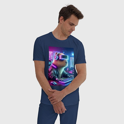 Мужская пижама Капибара игроман - неоновое свечение / Тёмно-синий – фото 3