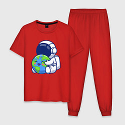 Пижама хлопковая мужская Космонавт и Земля, цвет: красный