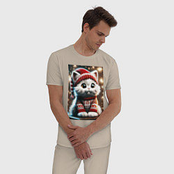 Пижама хлопковая мужская Котик в новогоднем свитере, цвет: миндальный — фото 2