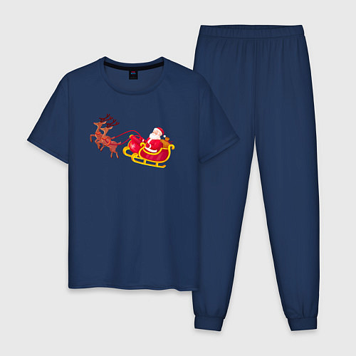 Мужская пижама Оленья повозка с дед морозом / Тёмно-синий – фото 1