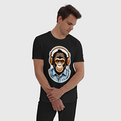 Пижама хлопковая мужская Портрет обезьяны в наушниках, цвет: черный — фото 2