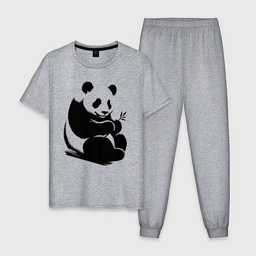 Мужская пижама Сидящая чёрная панда с бамбуком / Меланж – фото 1