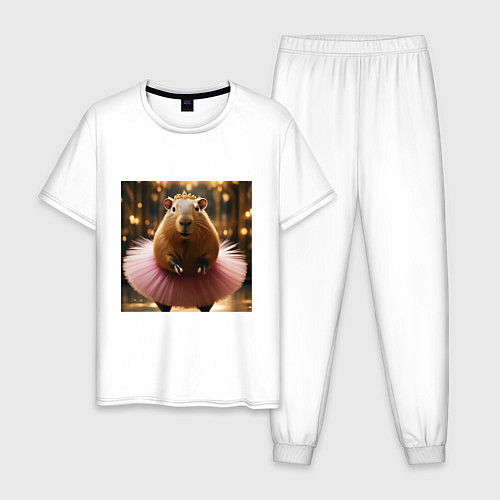 Мужская пижама Мем капибара балерина в розовой юбке / Белый – фото 1