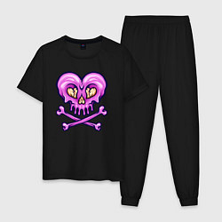 Пижама хлопковая мужская Розовое сердце и кости, цвет: черный