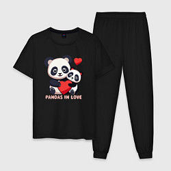 Пижама хлопковая мужская Влюбленные панды с сердцем, цвет: черный