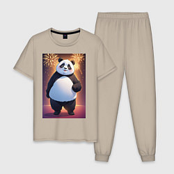 Пижама хлопковая мужская Панда в свитере под салютом - ai art, цвет: миндальный