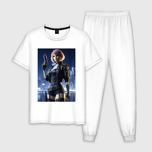 Мужская пижама Cyberpunk 2077 - ai art character / Белый – фото 1