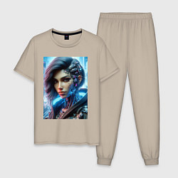 Пижама хлопковая мужская Cyber girl - ai art, цвет: миндальный