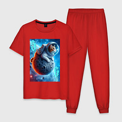 Пижама хлопковая мужская Space cat - ai art, цвет: красный