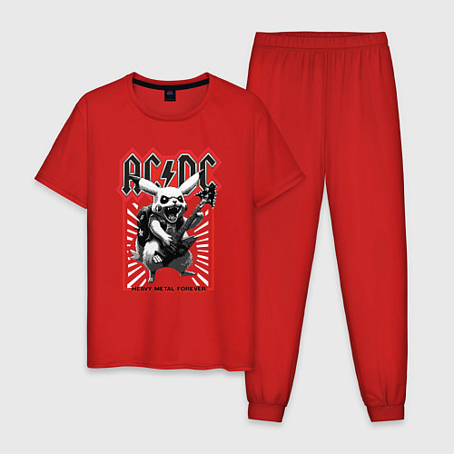 Мужская пижама AC DC на фоне Пикачу играющего рок на гитаре / Красный – фото 1