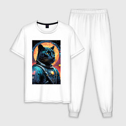 Пижама хлопковая мужская Пантера бравый космонавт - нейросеть, цвет: белый