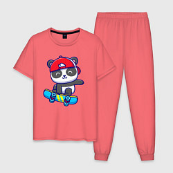 Пижама хлопковая мужская Panda skater, цвет: коралловый