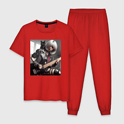 Пижама хлопковая мужская Девчонка рок гитарист с чёрным котом, цвет: красный