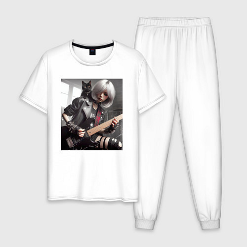 Мужская пижама Девчонка рок гитарист с чёрным котом / Белый – фото 1