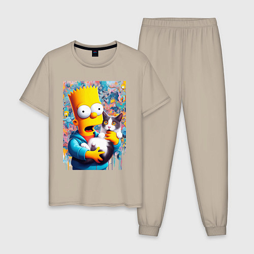 Мужская пижама Bart Simpson with a kitten - ai art / Миндальный – фото 1