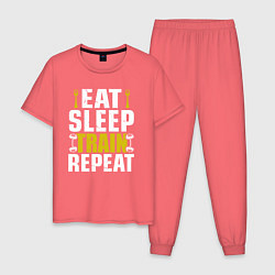 Пижама хлопковая мужская Eat sleep train, цвет: коралловый