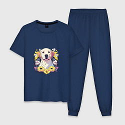 Пижама хлопковая мужская Лабрадор-ретривер среди цветов, цвет: тёмно-синий