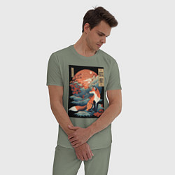 Пижама хлопковая мужская Лиса в японском стиле, цвет: авокадо — фото 2