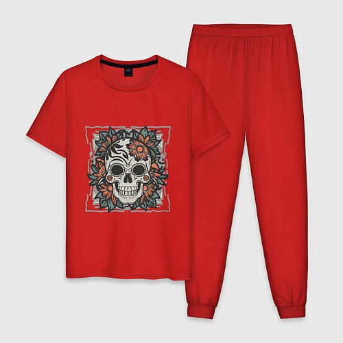Мужская пижама Ретро татуировка с цветами и черепом / Красный – фото 1