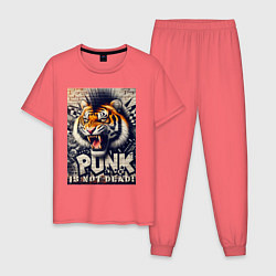 Пижама хлопковая мужская Cool tiger - punks not dead, цвет: коралловый