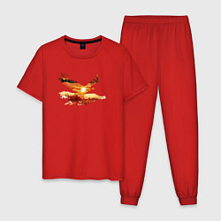 Пижама хлопковая мужская Летящий орел и пейзаж с эффектом двойной экспозици, цвет: красный