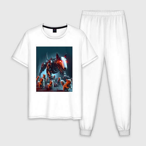 Мужская пижама Кибер бультерьер защищает белок - нейросеть / Белый – фото 1