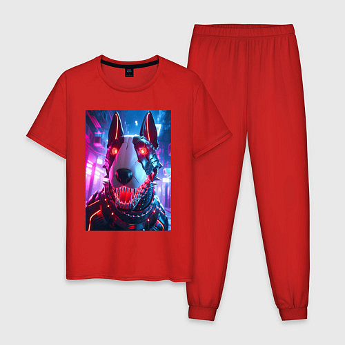 Мужская пижама Морда кибер бультерьера - неоновое свечение / Красный – фото 1