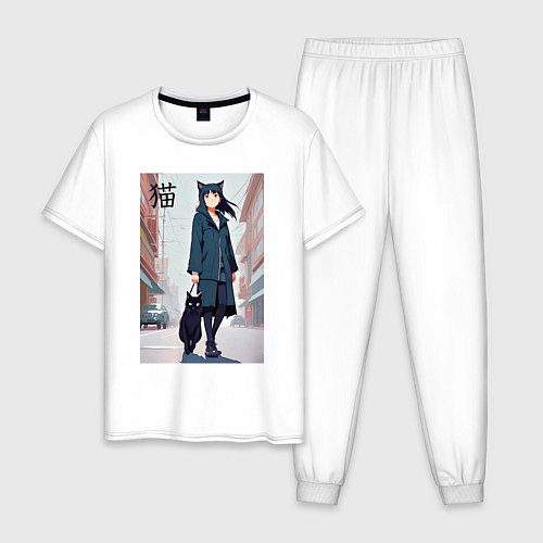 Мужская пижама Девочка с кошкой в городе - нейросеть / Белый – фото 1