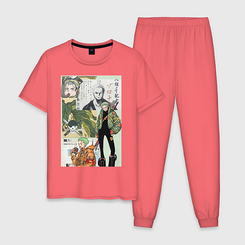 Мужская пижама Ван-Пис Зоро Ророноа коллаж сильнейший мечник / Коралловый – фото 1
