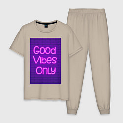 Мужская пижама Неоновая надпись good vibes only и кирпичная стена