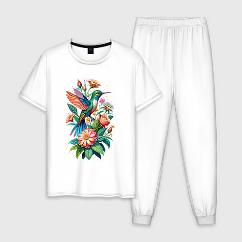Мужская пижама Колибри среди цветов / Белый – фото 1