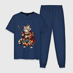 Пижама хлопковая мужская Кот ниндзя - японский воин, цвет: тёмно-синий