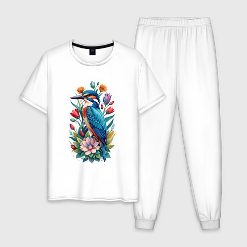 Мужская пижама Птица зимородок среди цветов / Белый – фото 1