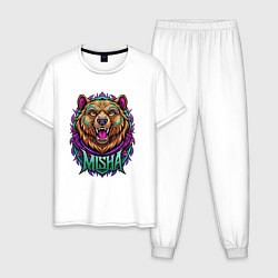 Пижама хлопковая мужская Свирепый медведь с надписью, цвет: белый